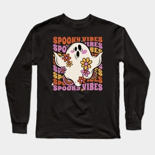 Vintage Spooky Vibes // Cute Groovy Ghost Halloween Long Sleeve T-Shirt